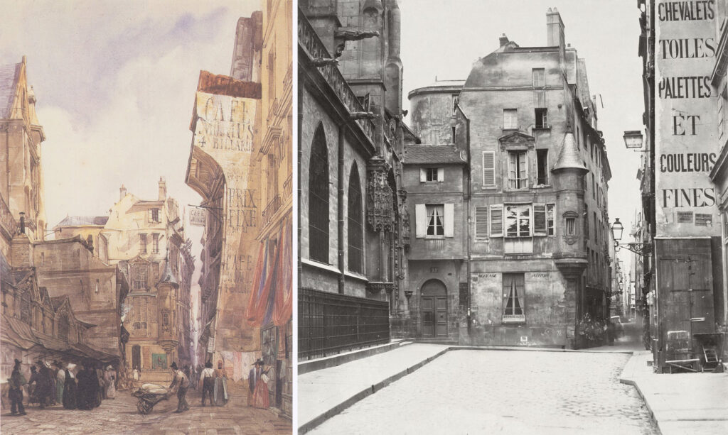 La Rue des Prêtres Saint-Germain L’Auxerrois. A gauche avec le café Momus - Thomas Shotter Boys vers 1833. A droite avec les Couleurs Colin - Charles Marville, 1860